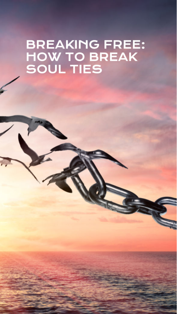 soul tie as a text over a chain breaking into birds over the sunset horizon