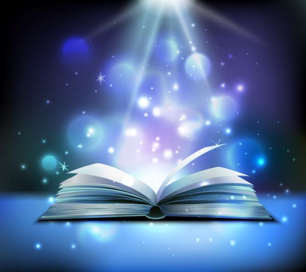 a book open with stars and bubbles 